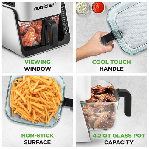 NutriChef 4QT Air Fryer & Indoor Grill - White, 7 Preset Modes, Double-Decker Design