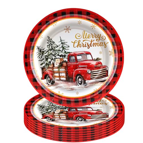 Christmas Paper Plates 24 Pack 9 Inch Rustic Truck & Red Plaid Holiday Dinnerware