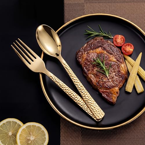 Gold Plastic Spoons and Forks Set - Disposable Silverware for Parties, 400 Pieces