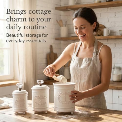 Mud Pie Kitchen Canister Set of 3 - White Ceramic Food Storage with Doorknob Lids