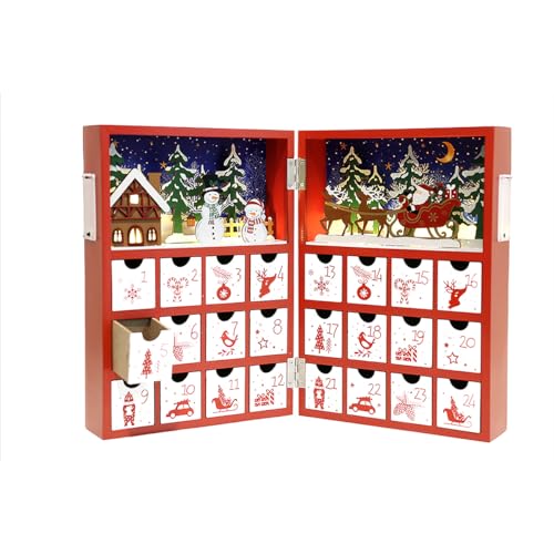 Christmas Wooden Advent Calendar with LED Lights, Snowman & Santa - 24 Drawers Holiday Countdown Decor