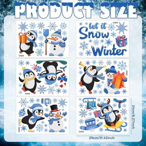 51 Pcs Hello Winter Wall Decals Stickers Let It Snow Penguin Window Clings Christmas Window Clings for Winter Holiday Living Room Nursery Bedroom Wall Decoration, 6 Sheets