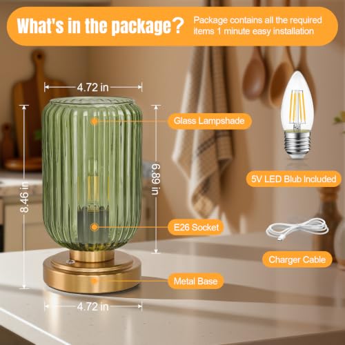 Green Glass Cordless Dimmable Table Lamp - Brushed Gold Base, Touch Control
