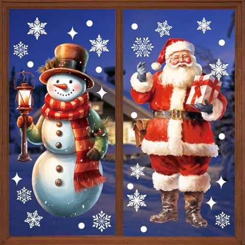 LOKIPA Large Christmas Window Clings, 2 Sheets Extra Large Santa Claus Snowman Window Clings Stickers with Snowflakes for Christmas Decorations