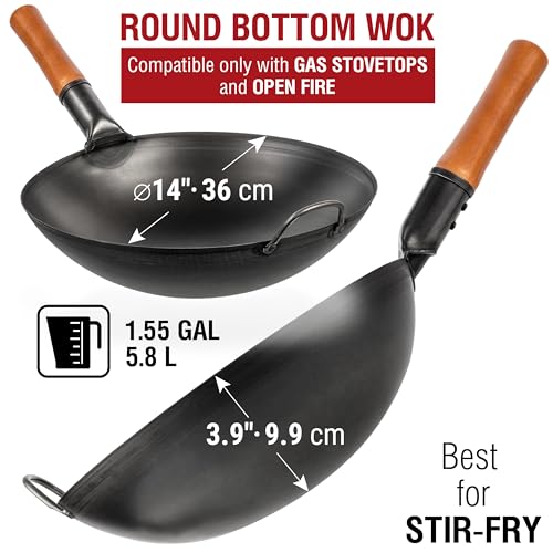 14-Inch Carbon Steel Wok with Round Bottom - Pre-Seasoned, High Heat Cooking