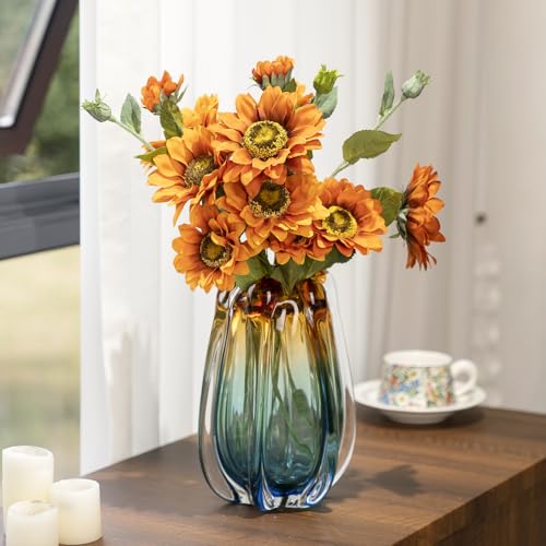 Modern Hand Blown Glass Flower Vase - Unique Art Deco Home Decor, 9.45 Inches