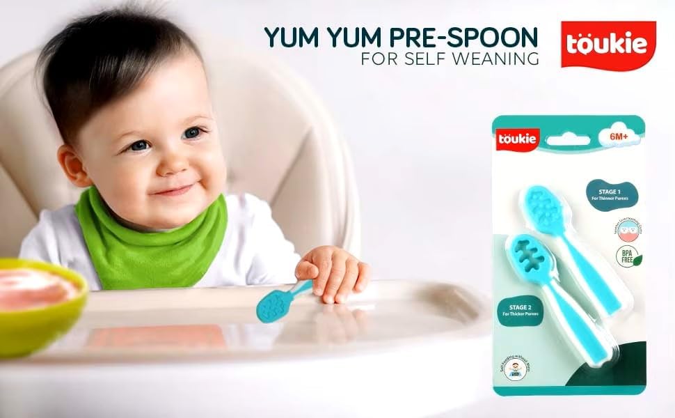 Skiennix Baby Spoons - Silicone Pre-Spoons for 6+ Months | Perfect for Baby-Led Weaning - Set of 2, Teal/White