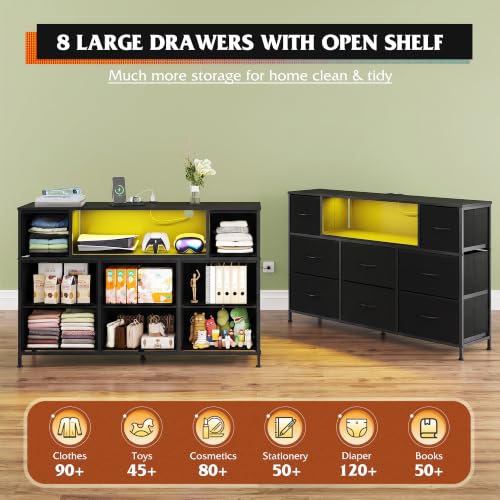 WLIVE LED Black Dresser TV Stand for 55 Inch TV, 8 Drawers