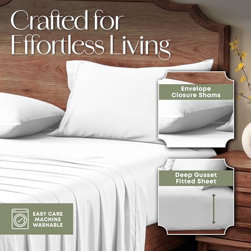 King Size Bamboo Viscose Sheets Set - Deep Pocket Cooling Bed Sheets with Magnetic Closure - White - 4 Piece