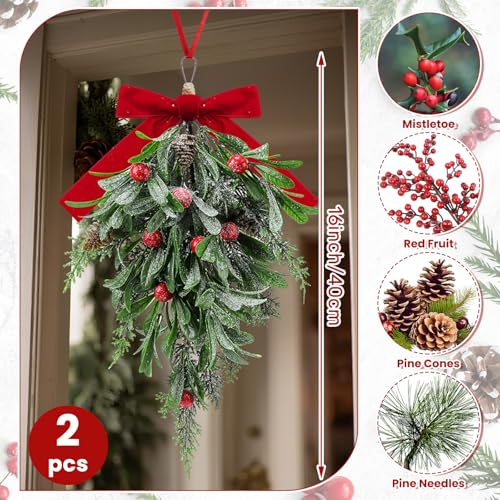 Suncalla 2-Pack 16-Inch Christmas Teardrop Mistletoe Decorations with Berries & Red Bows