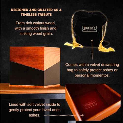 Adult Walnut Wood Cremation Urn with Secure Lid & Velvet Bag