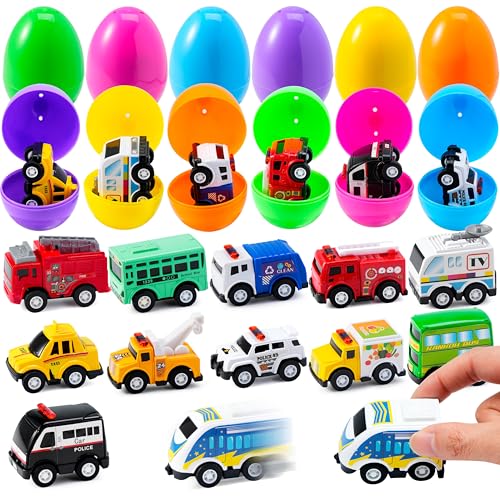 JOYIN 12 Pcs Prefilled Easter Eggs with Toys, Plastic Easter Eggs with Animal Cars for Kids Gift, Basket Stuffers, Classroom Prize Supplies, Party Favors