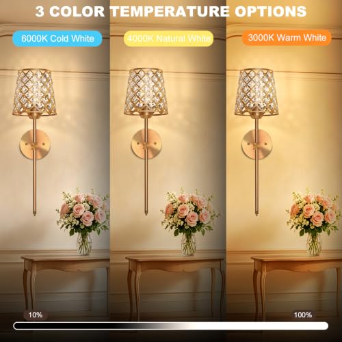 Gold Rechargeable Crystal Wall Sconces Set of 2 - Dimmable RGB & CCT Wall Lamps with Remote - New