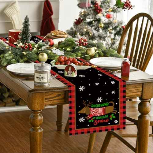 Dachshund Christmas Table Runner Christmas Dog Table Cover Buffalo Plaid Christmas Decor Dachshund New Year Xmas Decor Christmas Decorations for Home Party