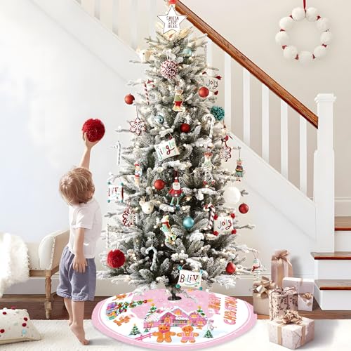 Pink Gingerbread Christmas Tree Skirt 48 Inch Holiday Decor for Living Room