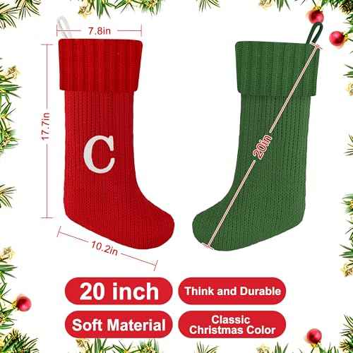 Christmas Stockings with Initials, 20-Inch Personalized Embroidered Monogram Knit Christmas Stocking,Large Cable Letter Knitted Christmas Stockings for Fireplace Family Christmas Decorations(S,White)