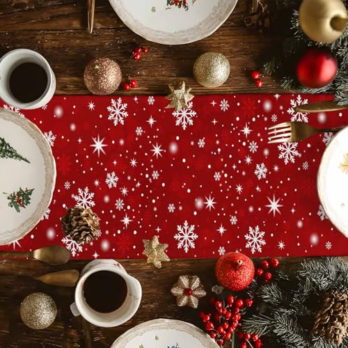 Ldtrchee 13 x 36 in Red Christmas Table Runner - Cotton Linen Snowflake Tree, Winter Holiday Decor