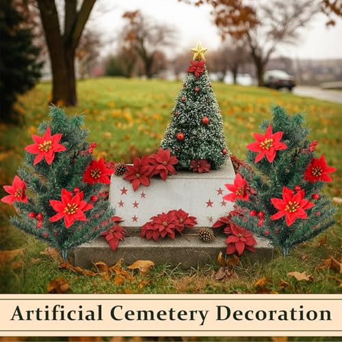 Giegxin 2 Pack Cemetery Christmas Tree with Poinsettia - 24 Inch Holiday Memorial Decor