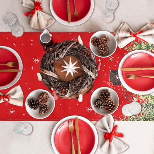 Christmas Table Runner, Xmas Table Runners for Table, Snowman Trees Snowflakes Red Winter Table Runner Xmas Dining Table Decorations for Christmas Party Holiday Home Kitchen Decorations, 13x72 Inch