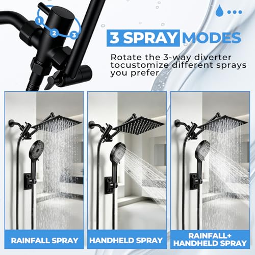 Yurnomy Black 8 Inch Multifunction Rain Shower Head with Handheld Spray & 11" Extension Arm