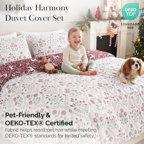 Holiday Harmony 3pc Duvet Cover Set Full/Queen – Reversible Floral Red White