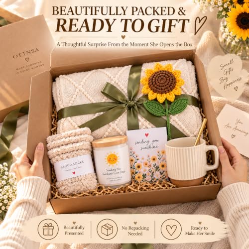 Sunflower Gift Basket for Women - Self Care Set with Blanket, Socks & Mug