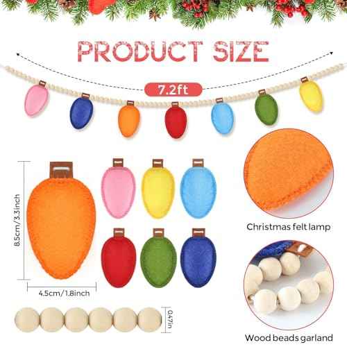Christmas Felt 3D Light Bulbs Garland, Christmas Decorations for Home, Felt Light Bulbs Garland and Wood Bead for Christmas Decor, Christmas Banner for Mantle Christmas Party Supplies Home Wall Decor