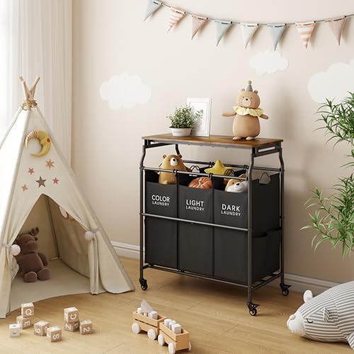 Hoctieon Black 3-Section Laundry Sorter with Removable Hampers & Ironing Board