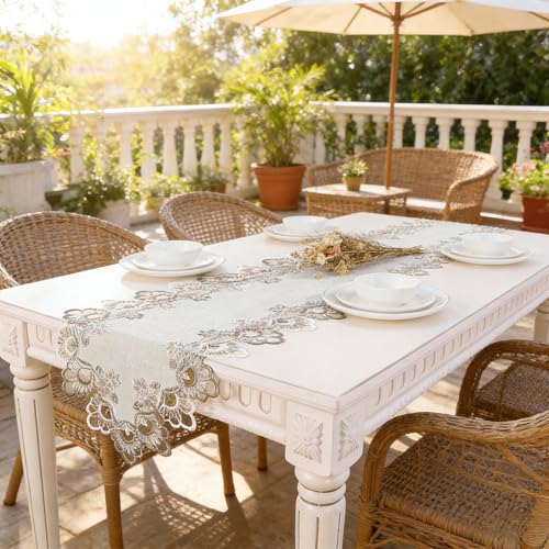 Traditional Lace Table Runner with Floral Trim - Ivory, 70.87x15.75 inches, Polyester Blend