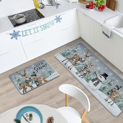 Gray Deer Snowman Winter Reindeer Kitchen Rugs Set of 2 - Non-Slip Decor Mats