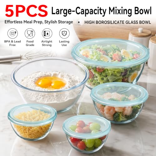 YUANYE 5-Pack Glass Mixing Bowls with Lids Set, Thick Borosilicate, Nested Kitchen Bowls for Cooking & Baking