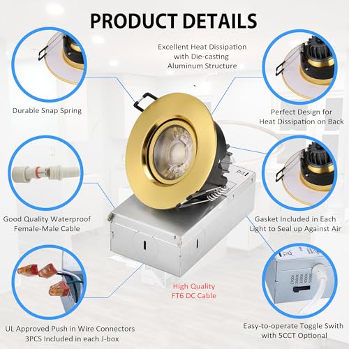 3 Inch Gimbal LED Recessed Lights 6 Pack - Adjustable Downlight, Gold - Variation of THIS listing