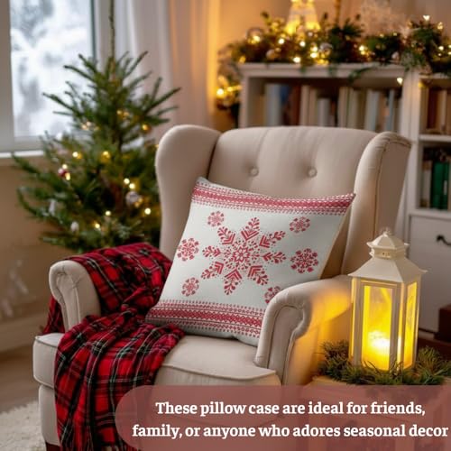 TSIMPLE Snowflake Pillow Cover 18x18 Inch Red & White Winter Holiday Decor