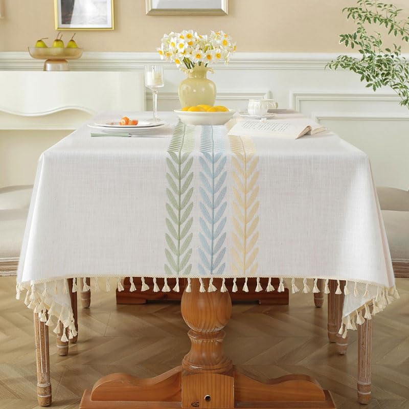 Pahajim Rectangle Tablecloth Cotton Linen Table Cloth with Embroidery