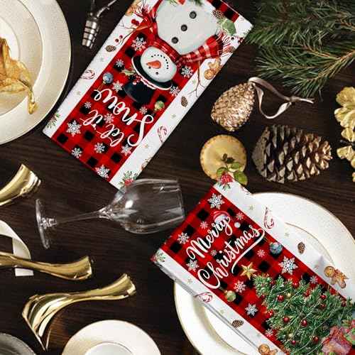 Christmas Kitchen Towels, Merry Christmas Tree Towels Set of 2, Farmhouse Snowman Let It Snow Dish Hand Towels with Red Black Buffalo Plaid, Winter Decorations for Home, 18x26 Inches