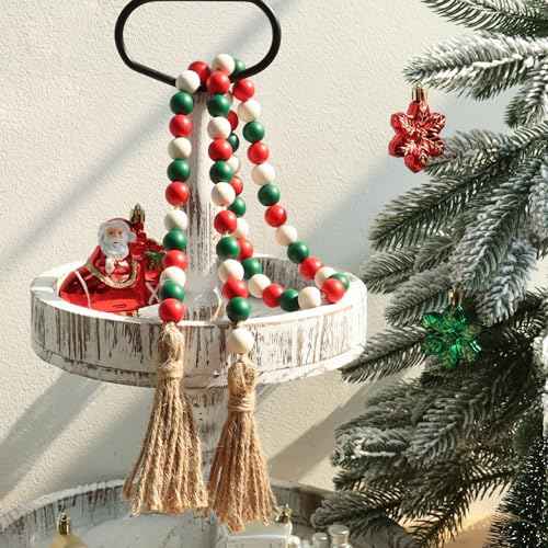 Christmas Wood Bead Garland,39in Farmhouse Beads with Tassels Tiered Tray Decor Wall Hanging Home Ornaments for Christmas Tree Decorations