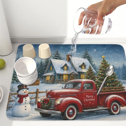 ABSOP Xmas Truck Snowman Dish Drying Mat 18x24 Inch - Microfiber Kitchen Counter Protector
