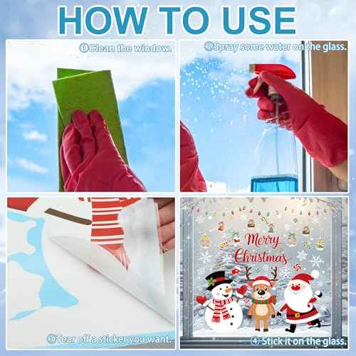 4 Sheets Christmas Window Clings Santa Reindeer Snowman Snowflake Window Decals Large Merry Christmas Windows Stickers Double Sided Xmas Windows Decorations for Xmas Home Office School Party Decor