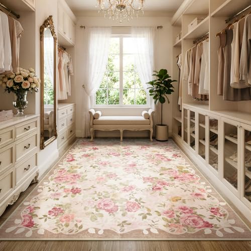 6x9 Feet Washable Nursery Rug - Pink Floral Farmhouse Area Rug with Non-Slip Backing