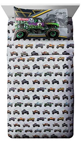 Monster Jam Twin Bed Set - Reversible Comforter & Sheet Bedding for Kids, Grave Digger & Max-D