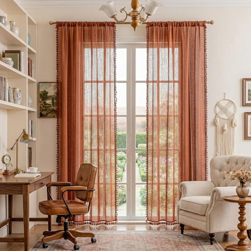 Z-Tassel Terracotta Boho Burnt Orange Curtains 50"x84" Set of 2 - Light Filtering Semi Sheer Farmhouse Style
