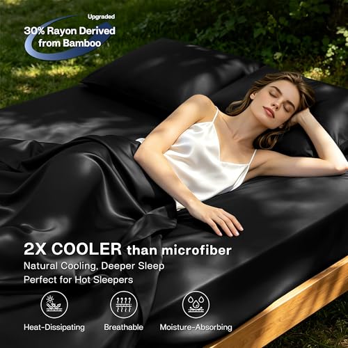 Black Queen Bed Sheets Set - Rayon Bamboo Blend, Deep Fitted & Pillowcases