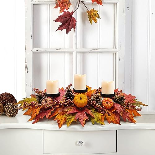 Fall Centerpiece Table Decorations with Artificial Pumpkins and Autumn Leaves - Pumpkin Variation, 27.5"