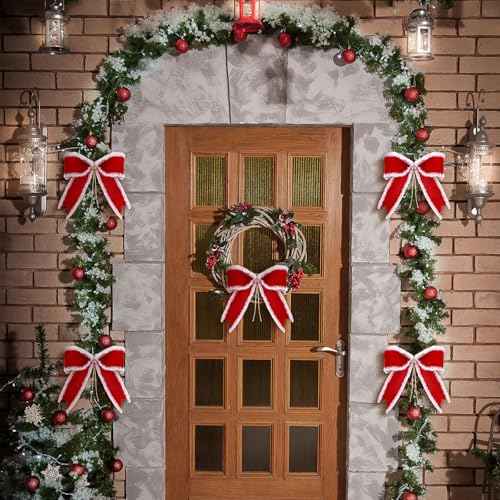 WILLBOND 12 Pcs Red Christmas Bows with White Fluffy Edges 4 x 4 Inch Tree Topper Ornaments Christmas Gifts Wrapping Bows for Xmas Wreath Door Rustic Farmhouse Decoration