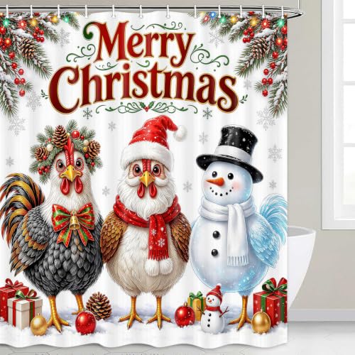 Christmas Shower Curtain 72x72 Inches, Cute Chicken Snowman Winter Holiday Decor, Red