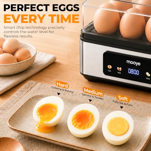 Mooye Silver Egg Cooker for Hard & Soft Boiled Eggs, 8-Egg Capacity, Auto Shut-Off