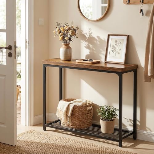 32-Inch Industrial Console Table with 2-Tier Storage - Oak Grey