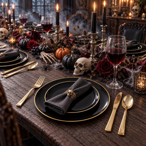 Black and Gold Disposable Plates Set - 100 Pcs, Includes 10.25-inch Dinner & 7.5-inch Dessert Plates, Party & Wedding Tableware, Variation of Black and Gold / 100 PCS