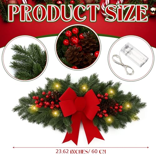 Yalikop 24.5 Inch Christmas Swag with Lights, Red Bow & Berry Decoration