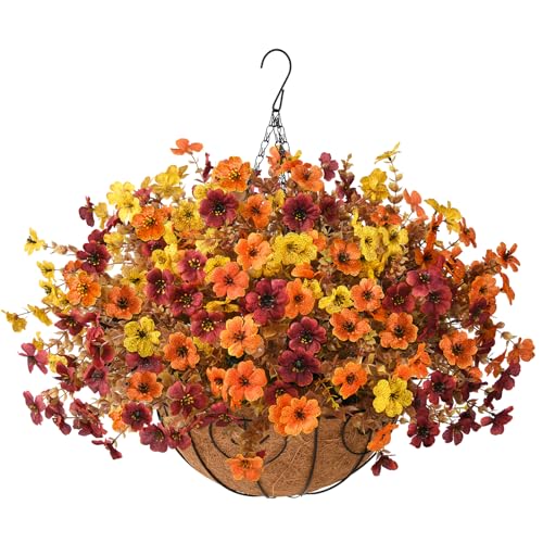 Artificial Fall Flowers Hanging Basket - Orange, Yellow, Brown Outdoor Decor